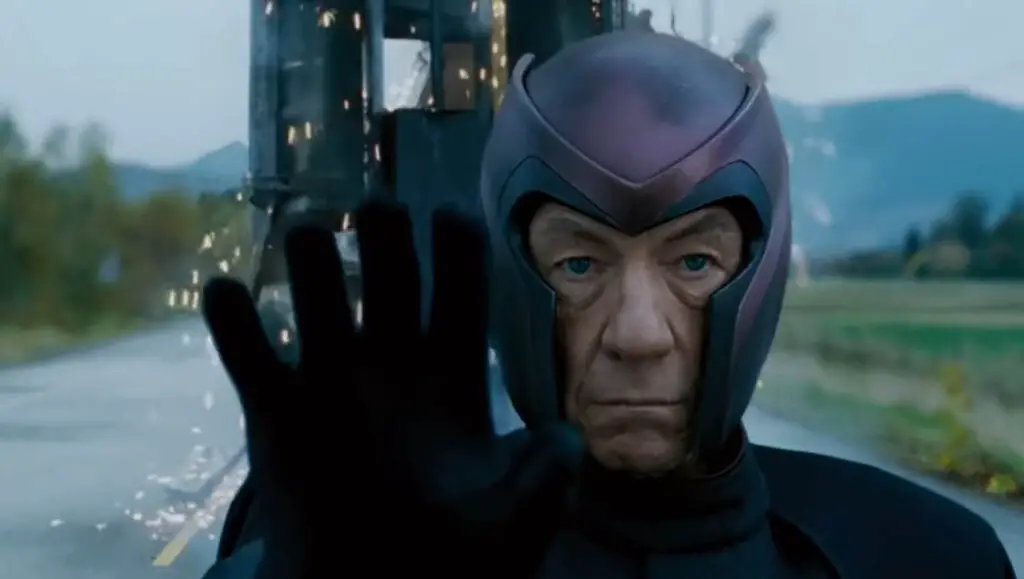Ian McKellan playing a Jewish character as Magneto in X-men flipping a truck.