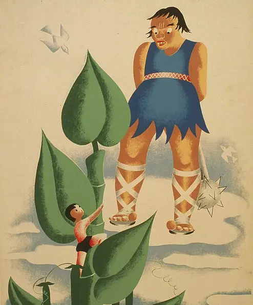 Jack climbing up a giant beanstalk while a giant waits up for him at the top holding a mace.