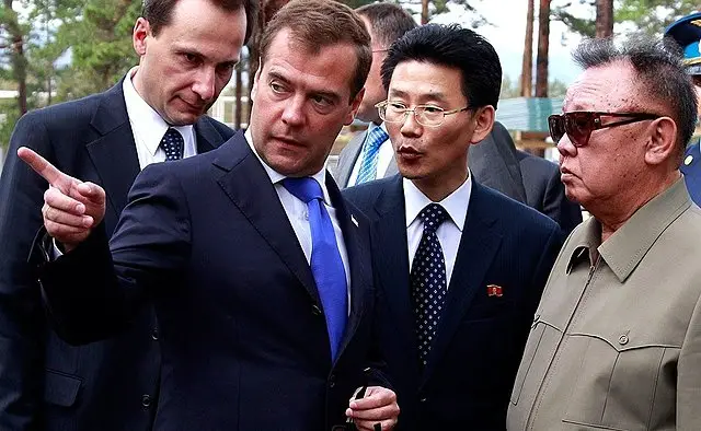 Former Russian President Dmitry Medvedev and the Supreme Leader of the Korean People’s Democratic Republic Kim Jong Il.