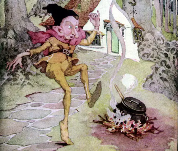 Rumpelstiltskin dancing in a fireplace while boiling food outside his house.