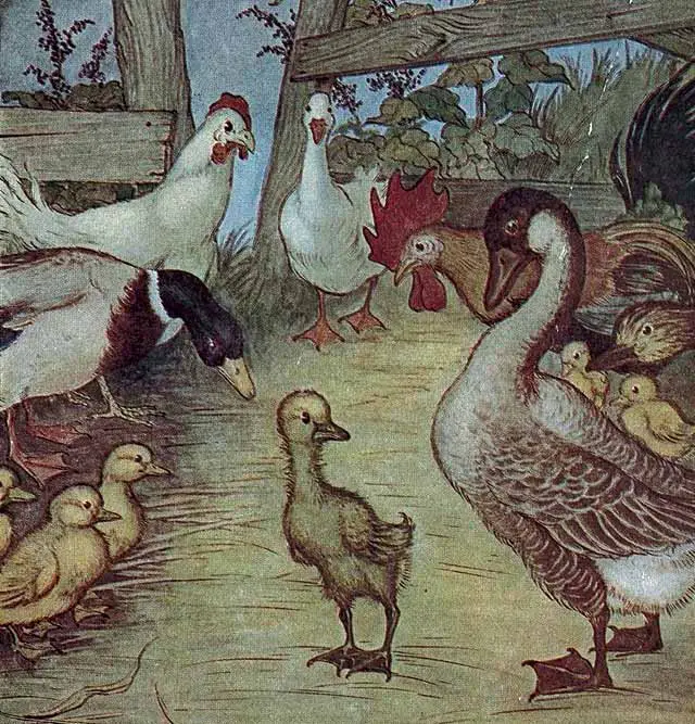 The ugly duckling surrounded by other ducks and chickens inside the barn.