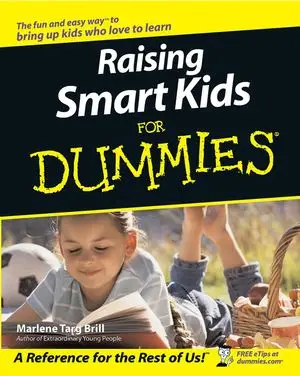 The book cover of Raising Smart Kids for Dummies which shows a kid reading a book in the field.