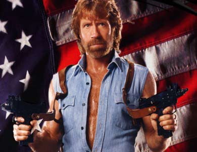 Chuck Norris holding guns in each of his hand while an American flag on his background.