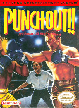 Two men boxing with a referee watching close by as seen in the cover photo of the video game Punch-out.