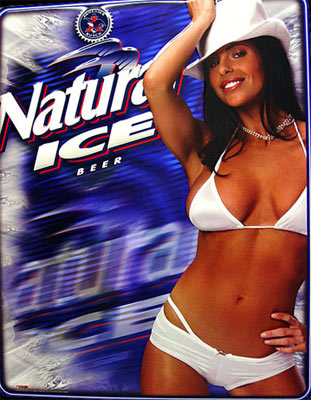 A model wearing white bikinis for one of the cheapest alcoholic drinks, which is the Natural Ice beer.