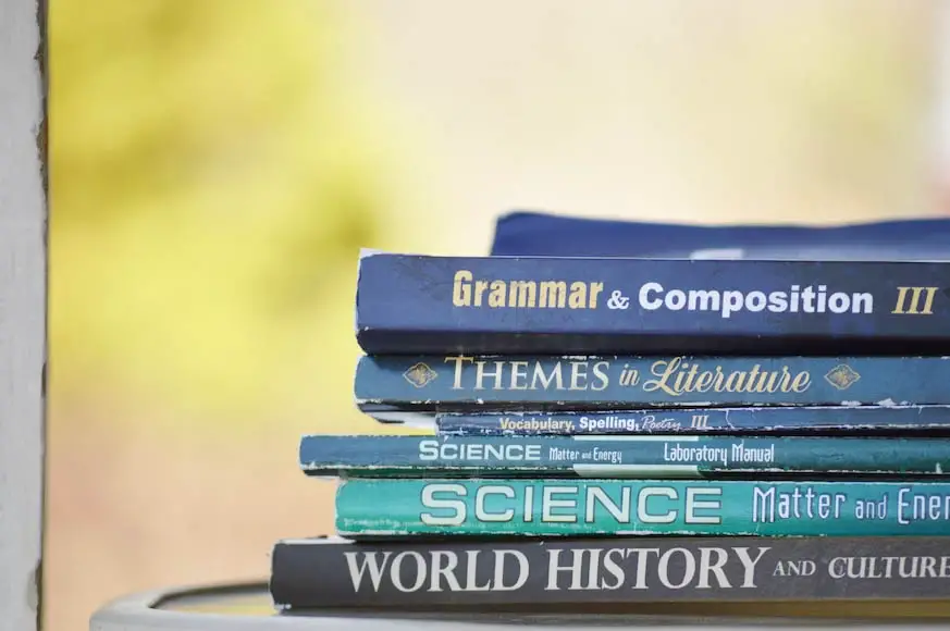 Pile of books on top of each other, with the topmost Grammar and Composition III.