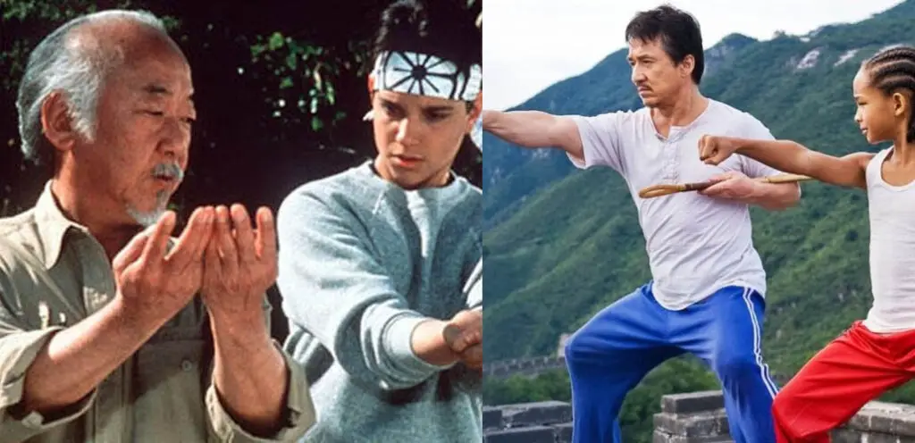 Mr. Miyagi training Daniel and Mr. Han training Dre.