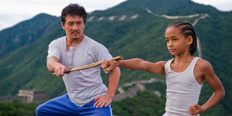 A scene in Karate Kid remake where Mr. Han trains Dre Parker.