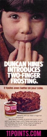 Duncan Hines' vintage ads showing a kid putting two fingers in his mouth.