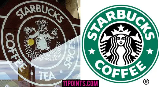 The old and current Starbucks logo featuring a mermaid spreading her two tails (or legs) upwards while being held by her two hands.
