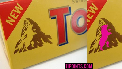 Dancing bear well blended in the mountain silhoutes of the chocolate brand, Toblerone.