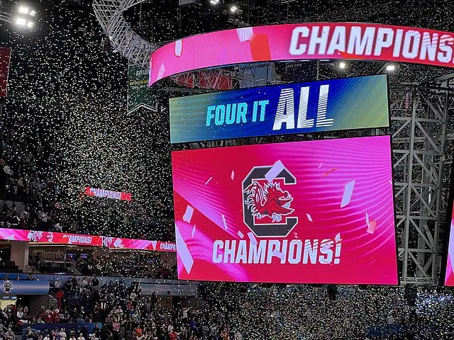 The Jumbotron at Target Center in Minneapolis, Minnesota displaying the winning team for the NCAA Womens Basketball.