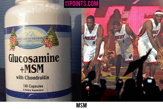 A bottle of Methylsulfonylmethane (MSM) and Miami Heat basketball players including LeBron James.