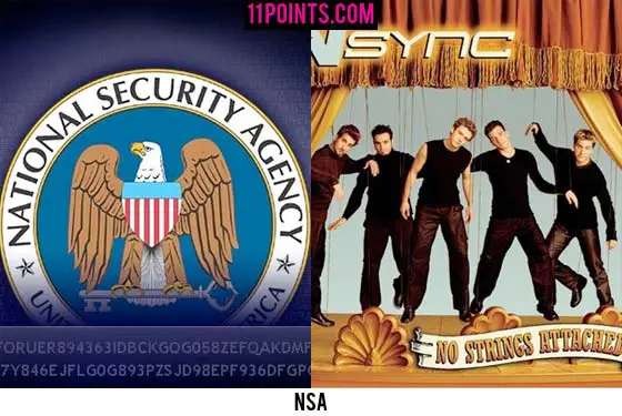Logo of National Security Agency (NSA) and the band NSYNC with their album No Strings Attached.