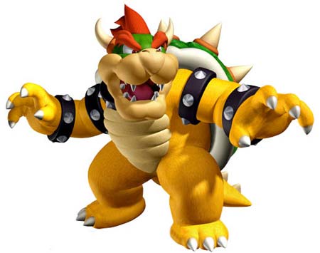 The formidable nemesis of Mario named Bowser having menacing look, green shell with spikes, muscular physique, yellow skin, and sharp claws.