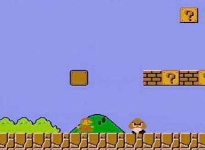 Super Mario approaching Goomba, the classic  enemy character that looks like mushroom-like creatures with menacing eyes and a mischievous grin.