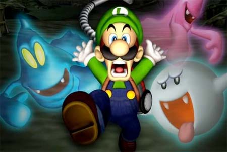 Luigi running scared while three ghosts chase him.