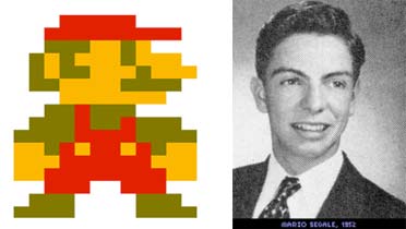 An 8-bit image of the video game character Mario and beside it is a picture of Mario Segale, the origin of (the video game character) Mario's name.