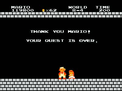Mario rescues Princess Toadstool ending the quest.