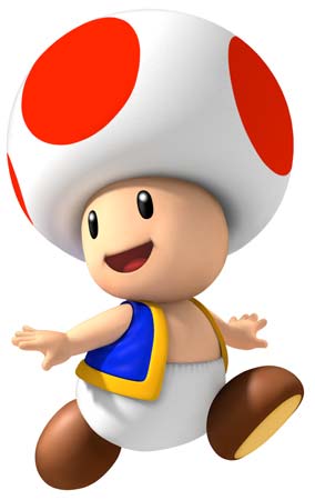 The Mario character Toad depicted with his iconic mushroom-shaped head, bright red and white spotted cap, friendly smile, wearing his blue vest and white pants.