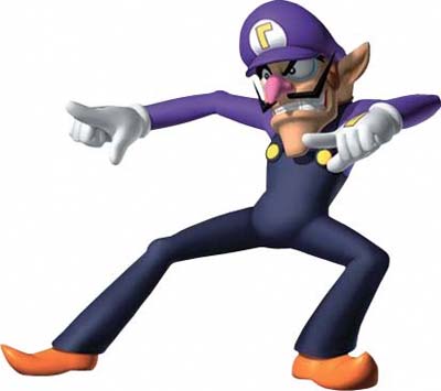 Waluigi wearing his signature purple overalls, long-sleeved shirt, and cap with his mischievous grin on his face, tall stature, and lanky physique.