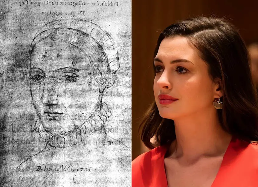 Sketch of Anna Hathaway (Shakespeare's wife) and image of Hollywood actress Anna Hathaway.