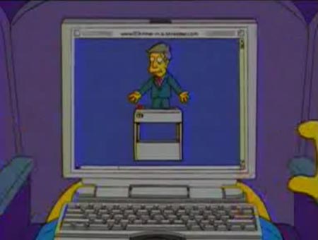 Homer Simpsons watching Principal Skinner on his laptop.