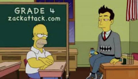 Homer and the new hip teacher Zachary Vaughn in the school with the words, "GRADE 4 zackattack.com" written on the blackboard.