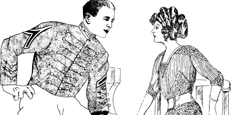 A black and white sketch of a man and a woman.