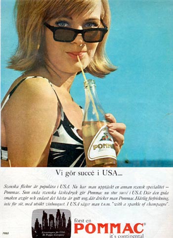 Vintage poster ads of a woman with sunglasses while drinking a Pommac.