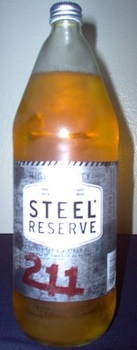 An unopened bottle of Steel Reserve 211 malt liquor.