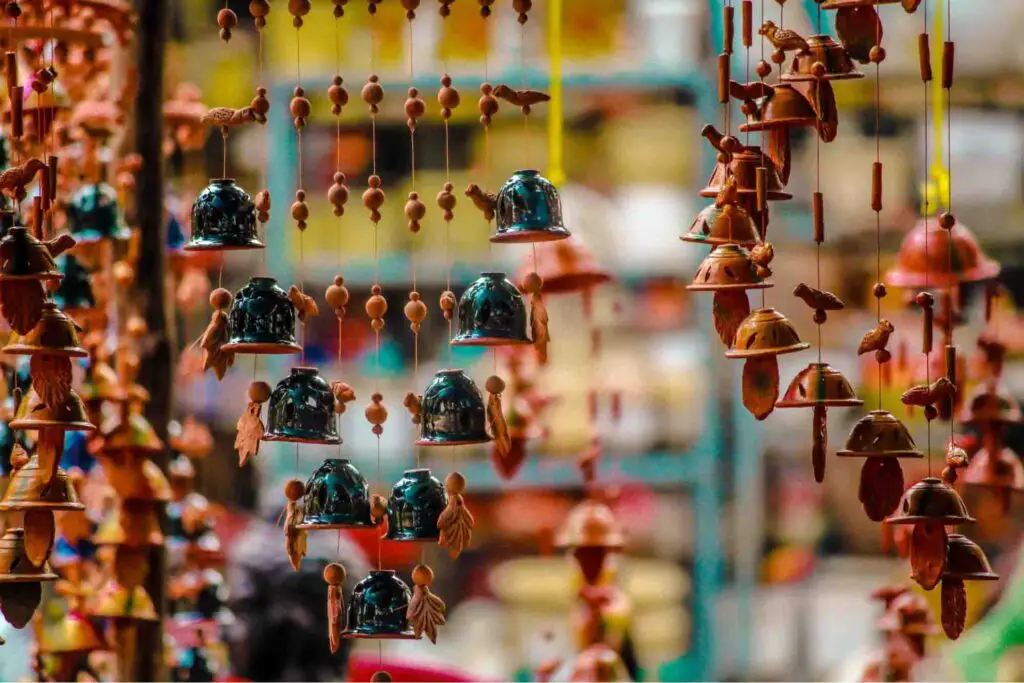 Ornaments hanging in a market.