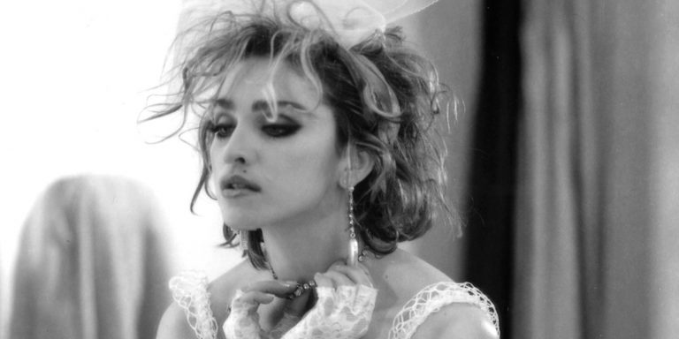 Madonna in a black and white photo.