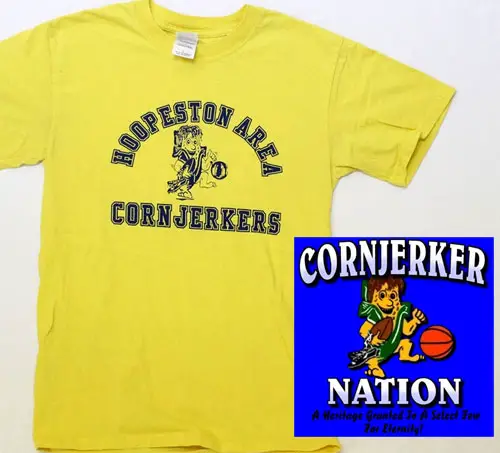 A yellow t-shirt printed with the words Hoopeston Area Cornjerkers.