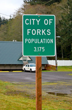A street sign of the City of Forks with a population of 3,175 people.