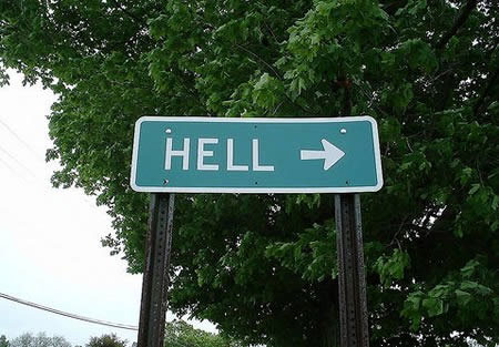 A street sign that points to Hell, Michigan.