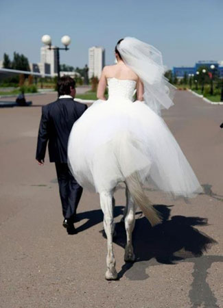 The bride riding on a white horse that turned out to look like a female centaur wearing a wedding dress.