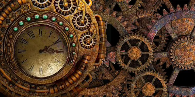 A clock and its gears in golden color.