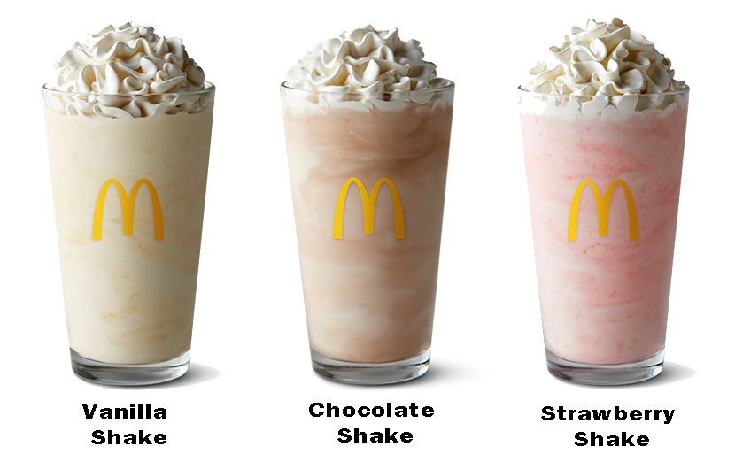 Non-Shamrock Milkshakes. From left to right: Vanilla Shake, Chocolate Shake, Strawberry Shake.