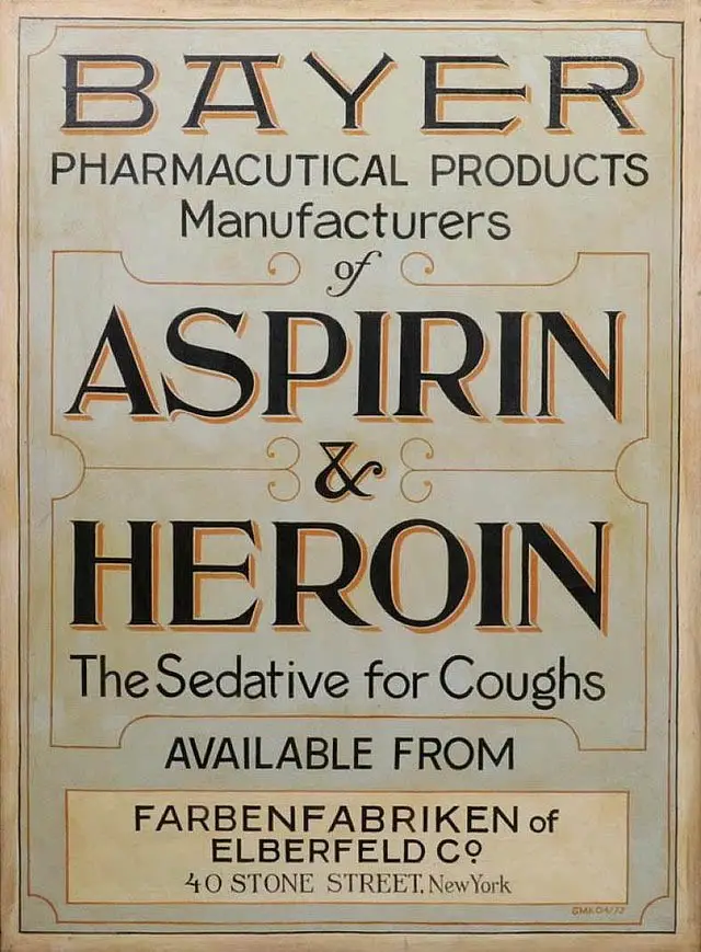An old ads poster of aspirin and heroin made by Bayer.
