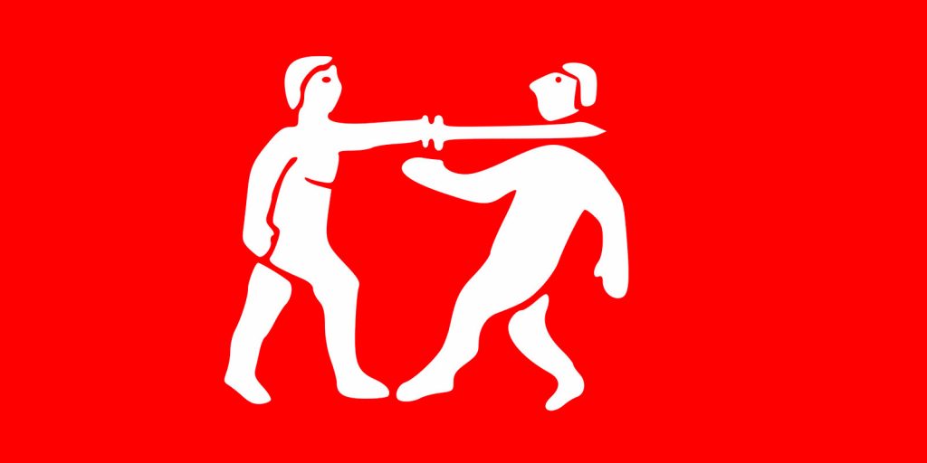 A flag with red background featuring a person decapitating another person. How badass is that?