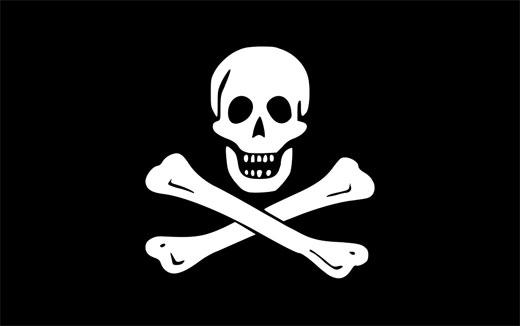 A Jolly Roger flag with skull and crossbones on a black background.