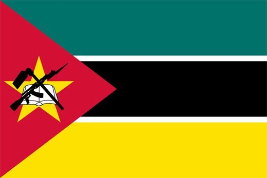 Mozambique flag featuring an AK-47 with bayonet, a field hoe, and a book.