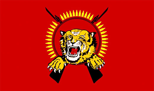 A Tamil Eelam flag featuring a tiger and two crossed bayonets.