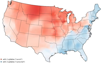 A heat map of the US for the pronunciation of the word "caramel."