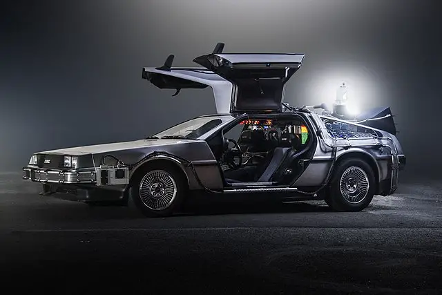 A DeLorean Time Machine from the movie, Back to the Future.