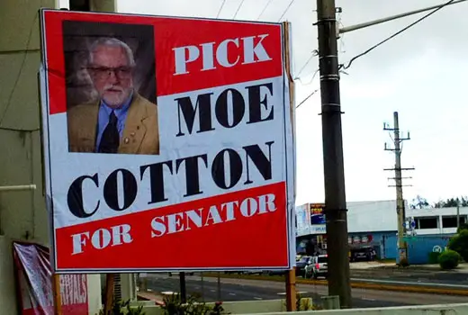 Moe Cotton campaign poster erected near an electrical pole.