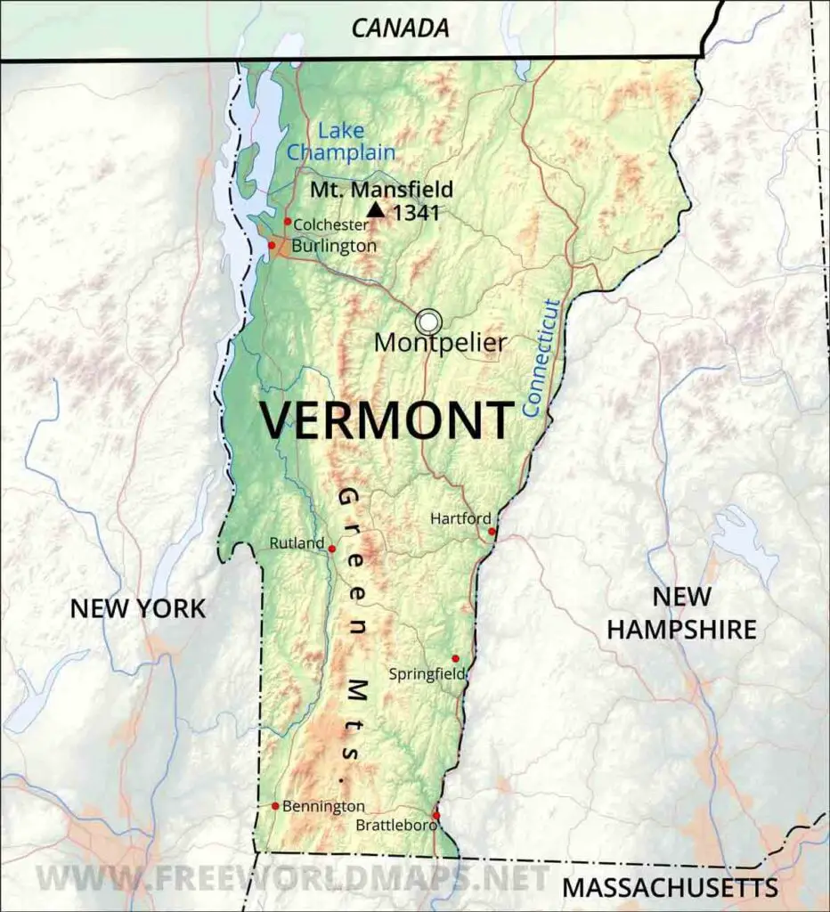 Map of Vermont showing its capital city, Montpelier.