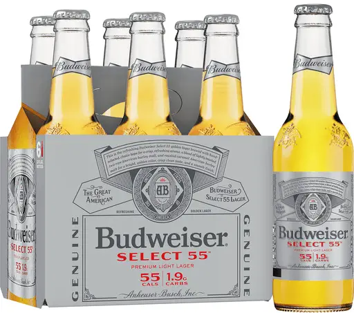 Seven bottles of Budweiser Select 55, six are inside a box and one is outside.