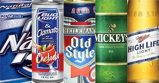 Five different beer bottles and cans showing their brands cropped to form a single image.